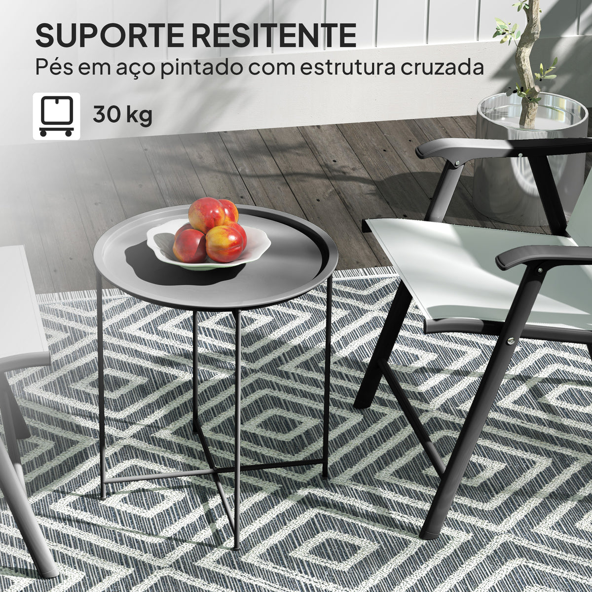 Mesa Auxiliar Redonda Mesa de Jardim com Bandeja Amovível Pés Dobráveis Mesa para Exterior Pátio Ø46x50 cm Preto — foto 5