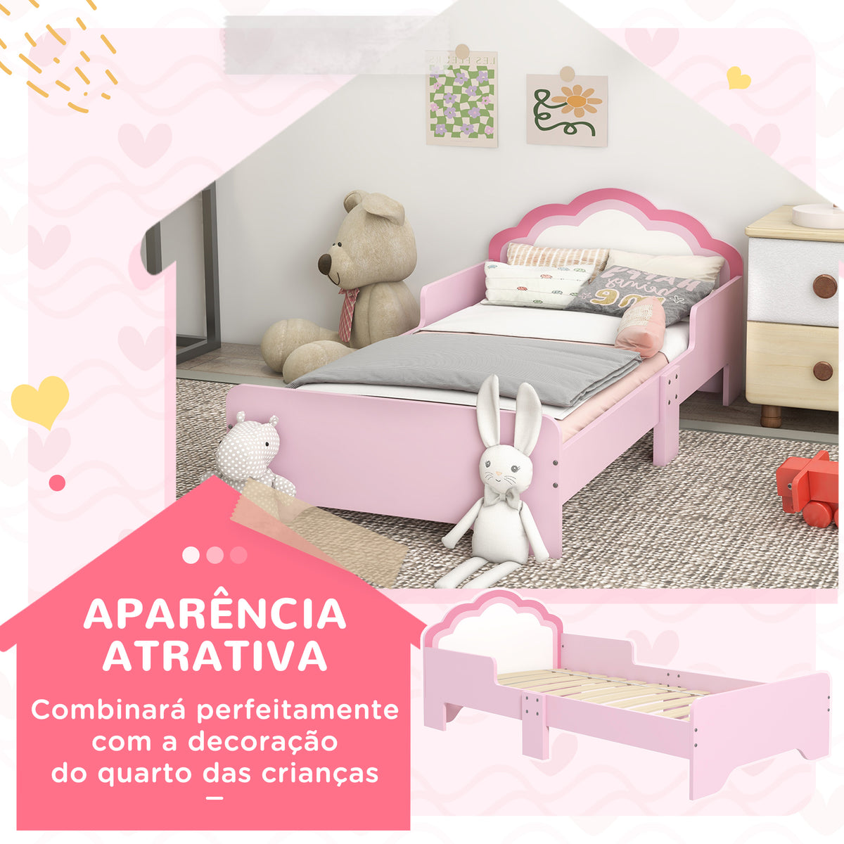 Cama para Crianças 70x140 cm com Barreira Antiqueda e Estrado Cama Infantil com Cabeceira em Forma de Nuvem Rosa — foto 4