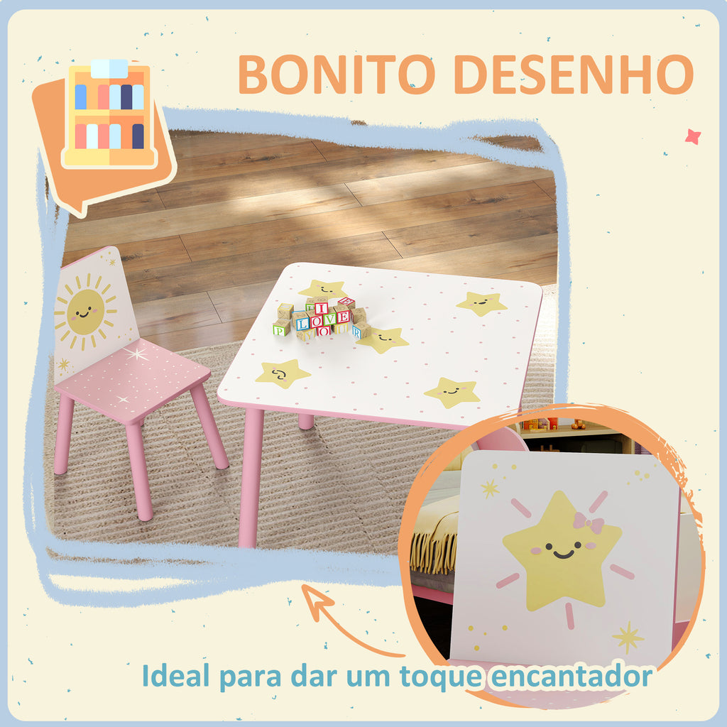 Mesa e Cadeiras para Crianças de 3 Peças Mesa Infantil com 2 Cadeiras em Madeira Conjunto de Móveis com Desenhos de Estrelas e Sol para Crianças Acima de 3 Anos para Quarto Sala de Jogos Rosa — foto 5