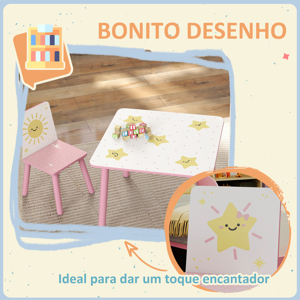 Mesa e Cadeiras para Crianças de 3 Peças Mesa Infantil com 2 Cadeiras em Madeira Conjunto de Móveis com Desenhos de Estrelas e Sol para Crianças Acima de 3 Anos para Quarto Sala de Jogos Rosa — foto 5