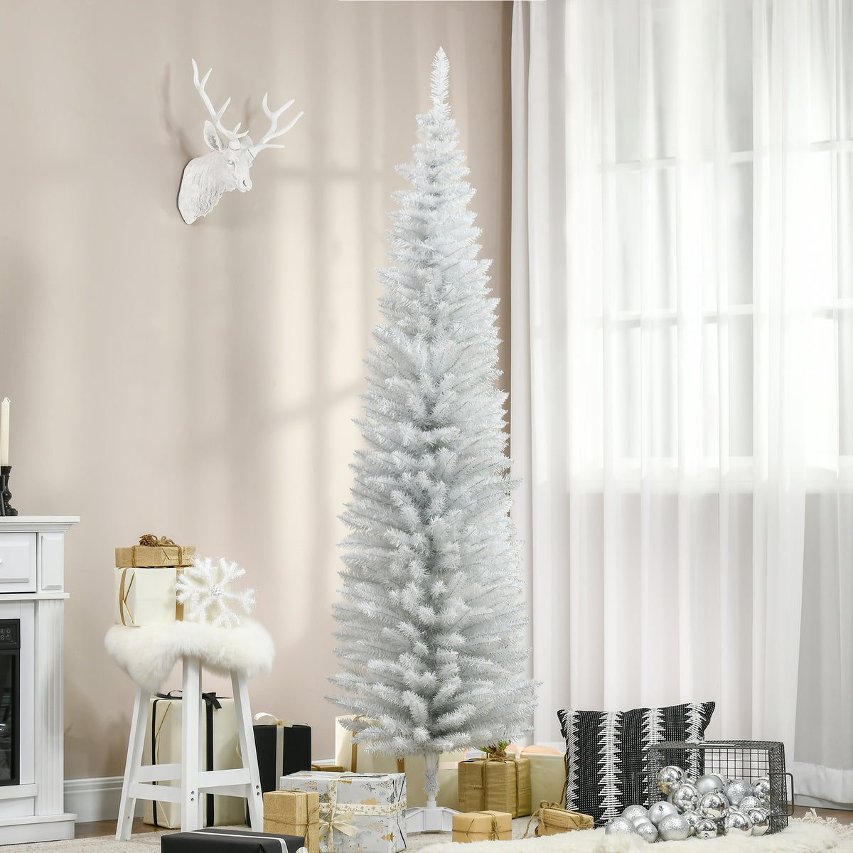 Árvore de Natal Artificial 210 cm Ignífugo com 499 Ramos de PVC Decoração de Natal para Interiores Fácil de Montar Branco — foto 2