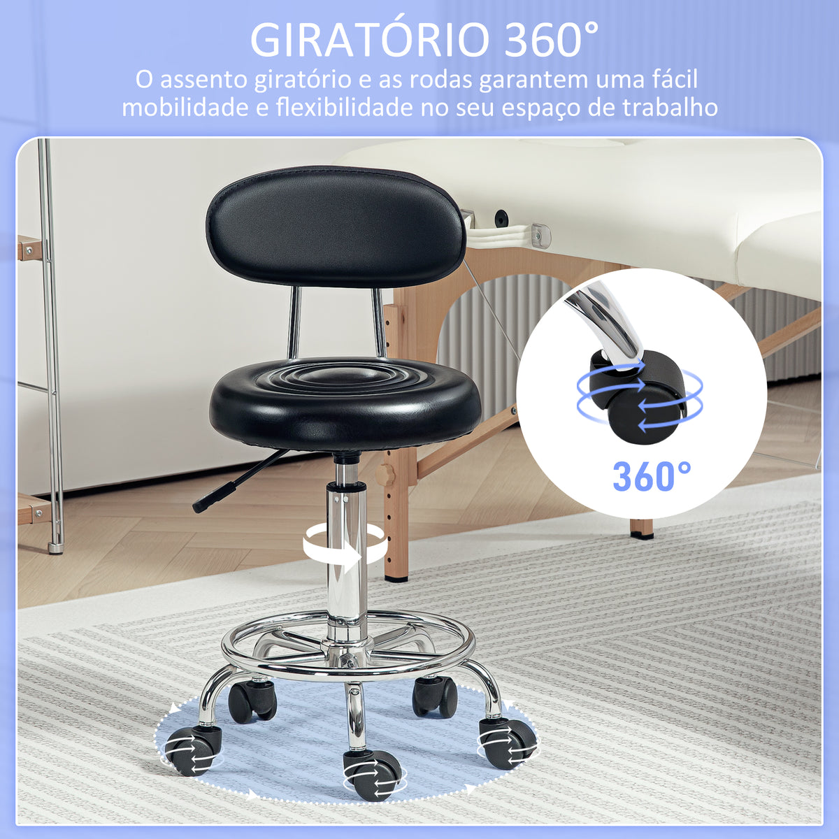 Banco Giratório com Rodas e Encosto Banco de Trabalho com Altura Ajustável 70-86 cm Banco Estofado em Couro Sintético Preto — foto 5