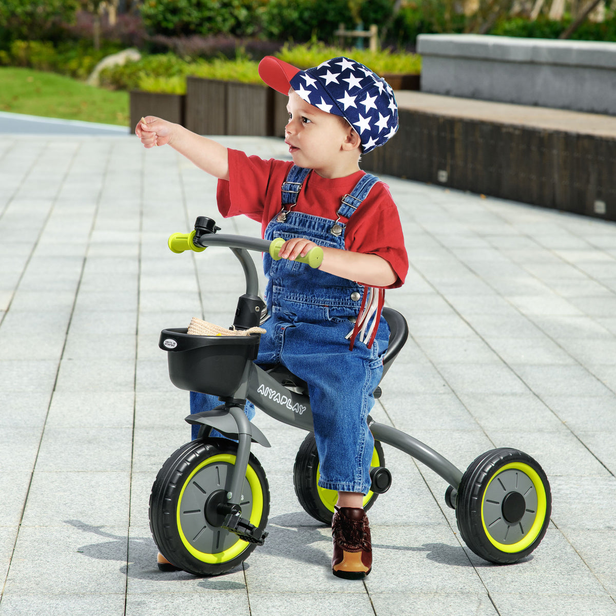 Triciclo para Crianças de 2 a 5 anos Triciclo Infantil com Assento Ajustável Cesta Buzina e Pedais e 3 Rodas Carga Máxima 25 kg 70,5x53x58 cm Cinza e Verde — foto 2