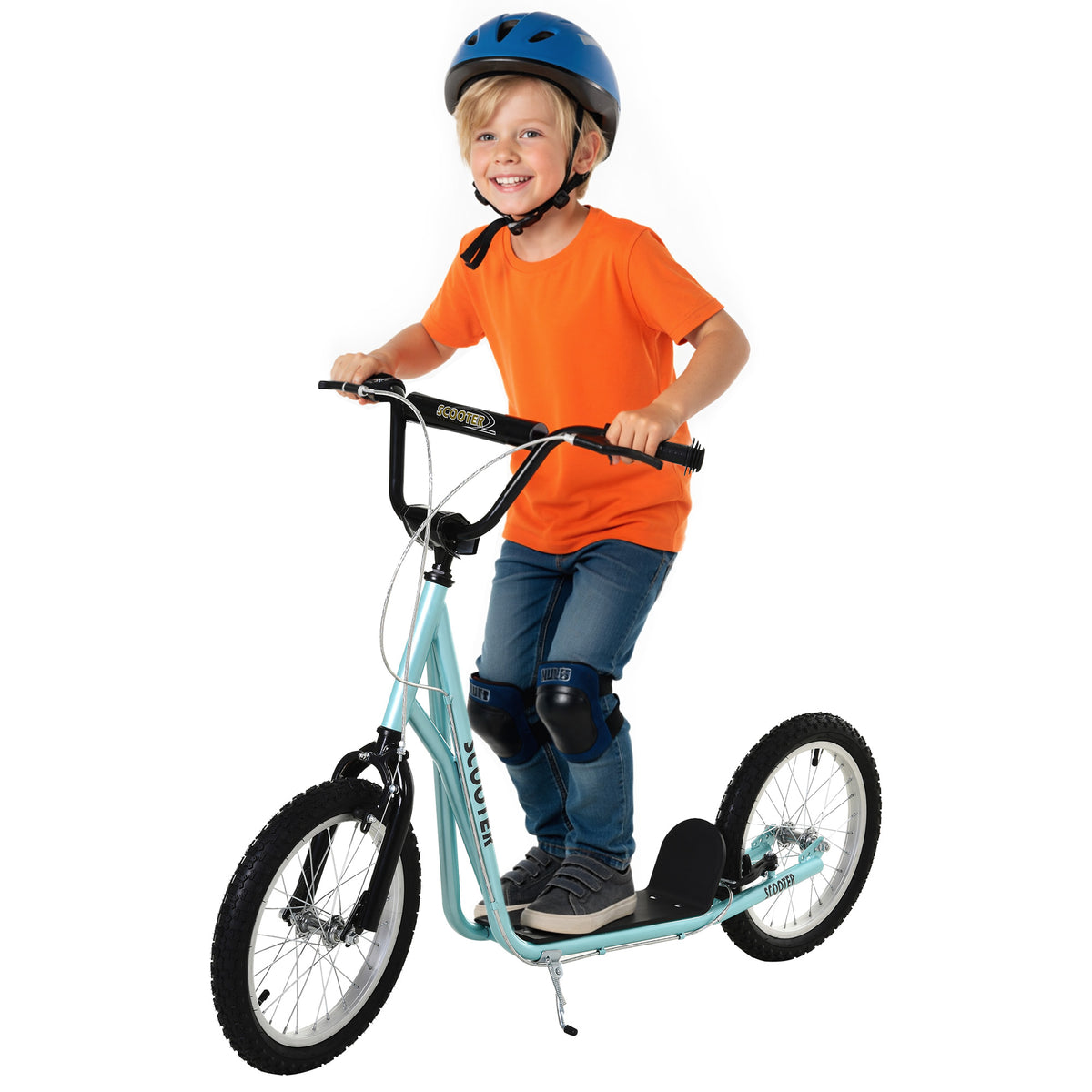Trotinete para Crianças acima de 5 Anos e Adolescentes com Guiador Ajustável em Altura 2 Pneus de Borracha Insufláveis com Travagem Dupla e Rodas 16" Carga 100 kg 139x58x90-96 cm Azul — foto 1