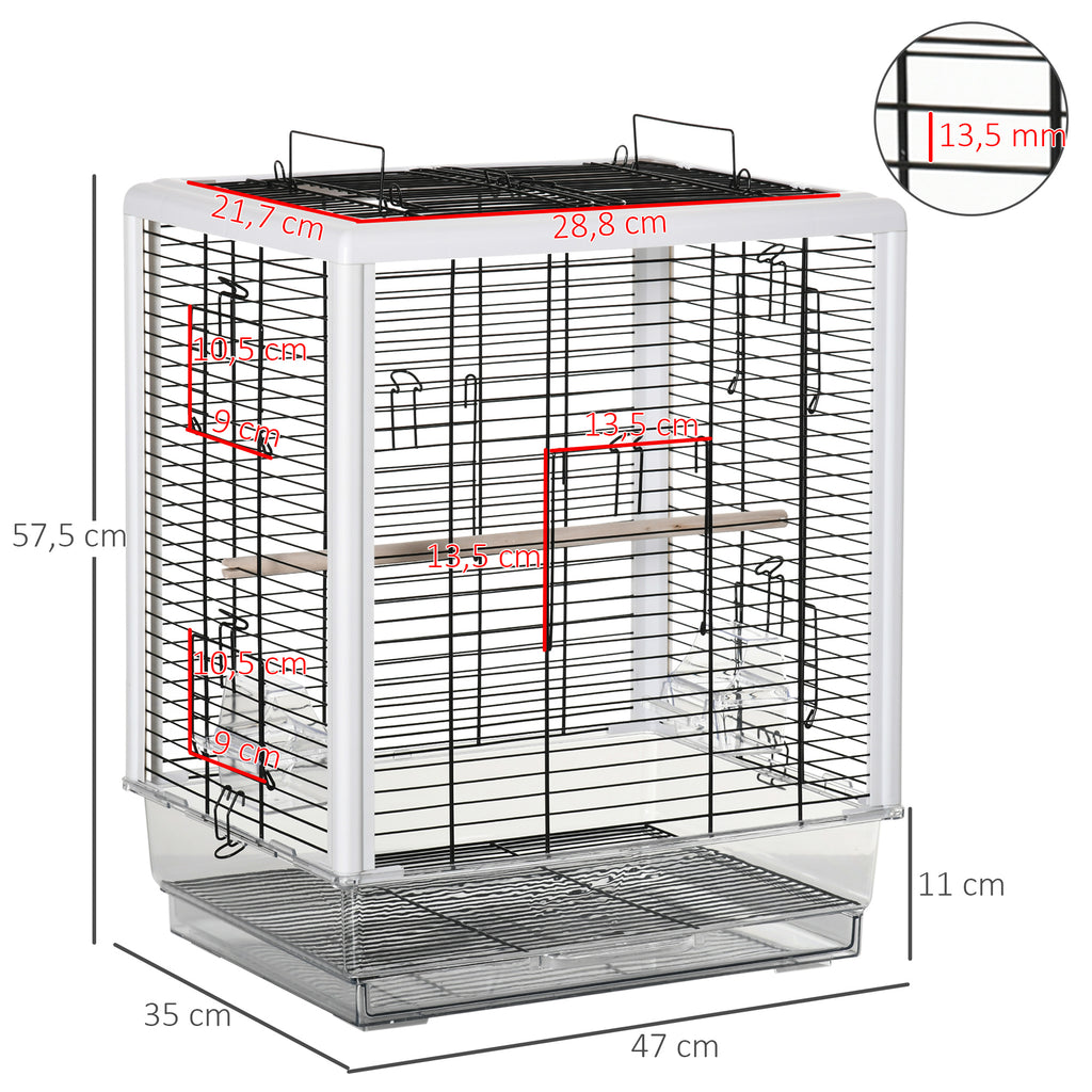 Gaiola para Passáros Gaiola com Teto com Abertura 2 Comedouros 2 Poleiros Bandeja Removível Acrílica e Alça de Transporte para Periquitos Canario 47x35x57,5cm Branco e Preto — foto 3