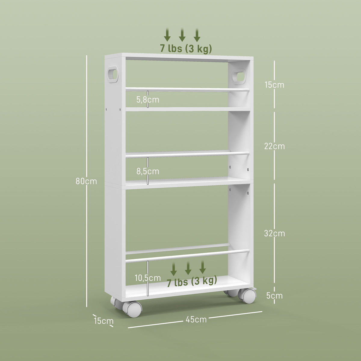 Estante de Casa de Banho com Rodas Carrinho Auxiliar de 3 Níveis com Barras Laterais e Alças para Cozinha Sala 45x15x80 cm Branco — foto 3