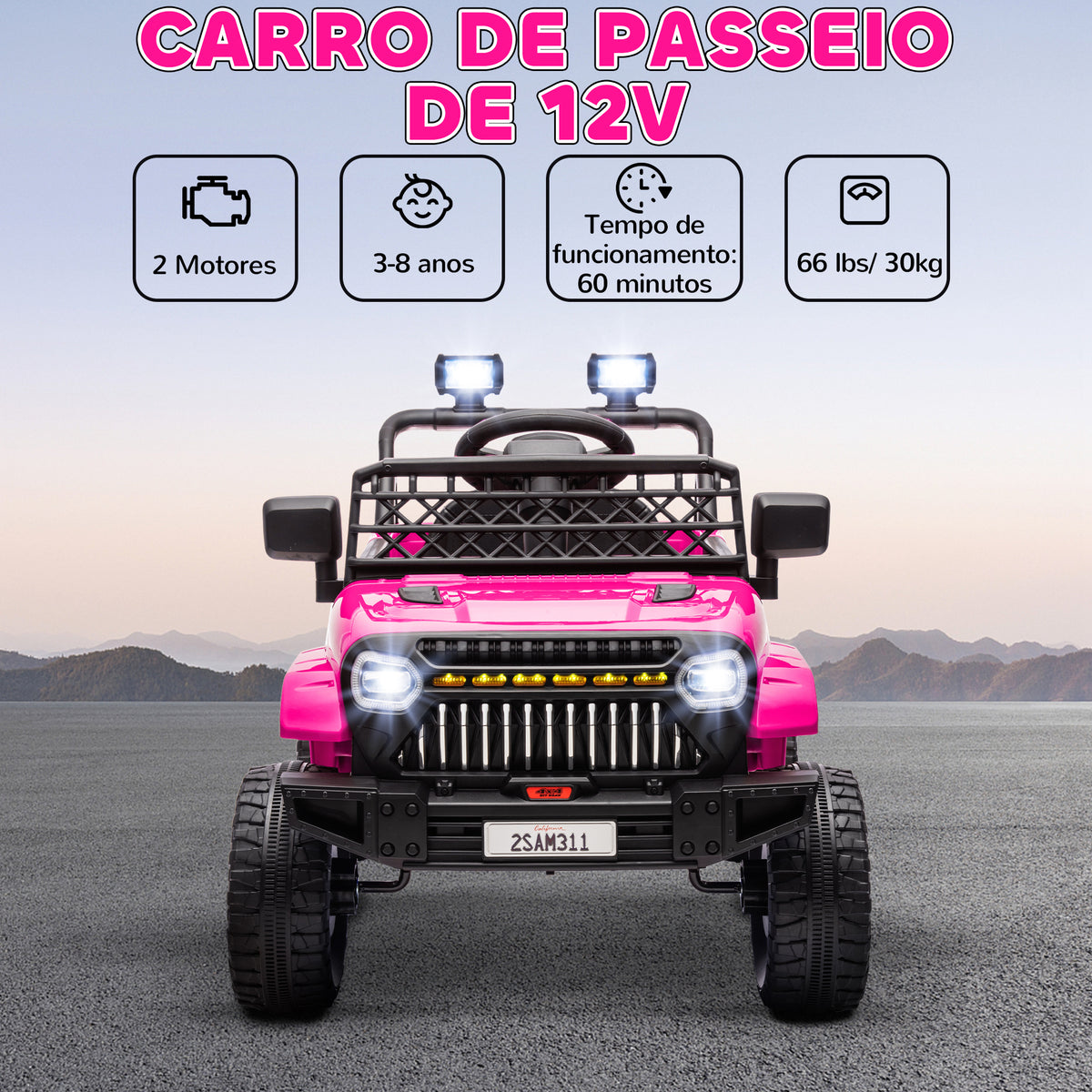 Carro Elétrico para Crianças acima de 3 Anos Carro Elétrico Infantil UTV Carro a Bateria 12V com Controlo Remoto Velocidade Ajustável USB Faróis e Buzina 95x62,5x65 cm Rosa — foto 4