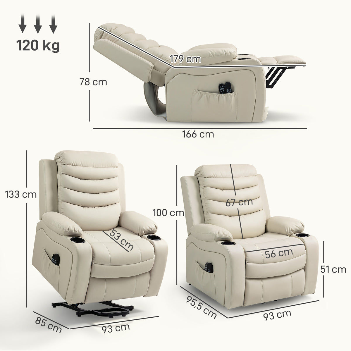 Poltrona Relax Reclinável Elétrica Elevatória com Massagem Vibratória e Aquecimento Poltrona Elevatória com Porta USB Controlo Remoto Apoio para Pés Estofada em PU Bolsos Laterais Creme — foto 3