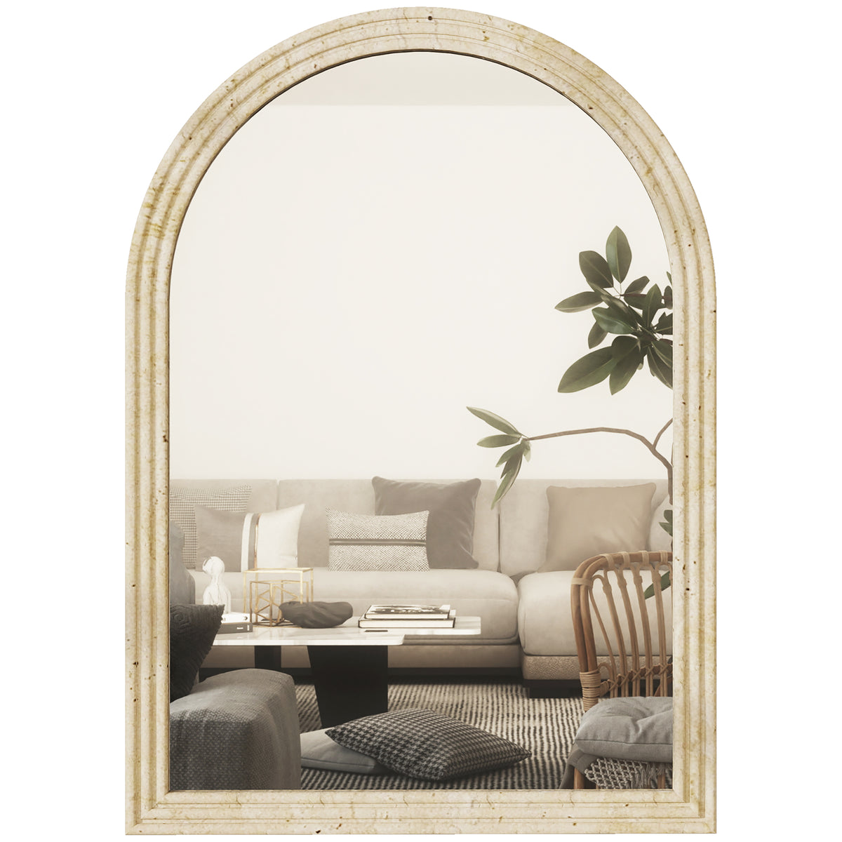 Espelho de Parede Arqueado Espelho de Casa de Banho 50x70 cm com Moldura de Imitação de Pedra Estilo Moderno para Sala Quarto Entrada e Corredor Bege — foto 1