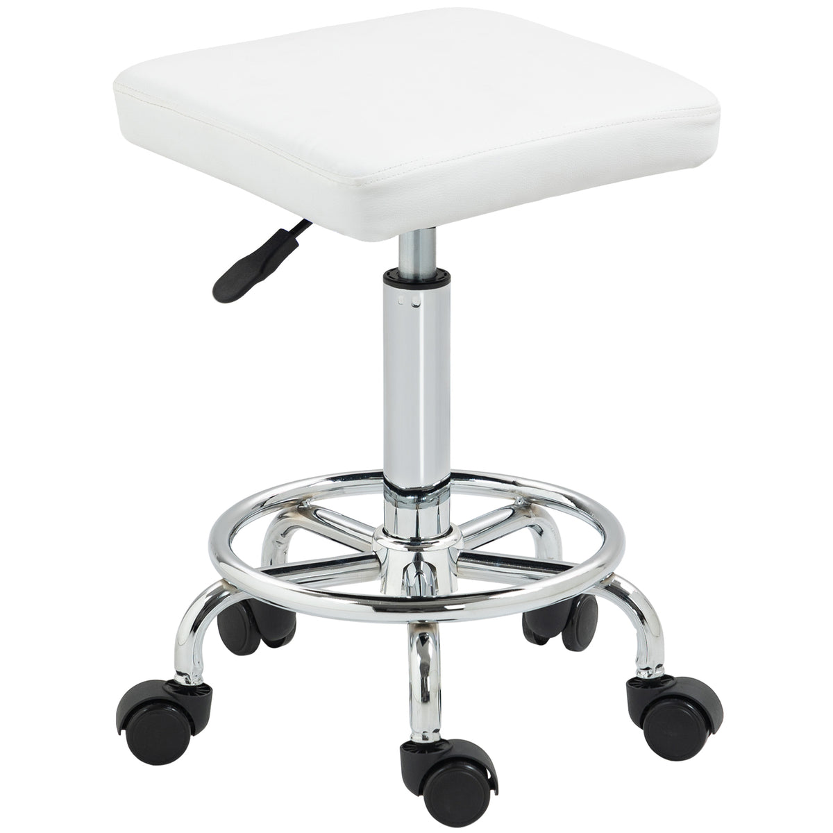 Banco Giratório Banco com Rodas Altura Regulável 50-66 cm Assento Estofado em Imitação de Couro Descanso para os Pés para Salões e Oficinas 34x34x50-66 cm Branco — foto 1