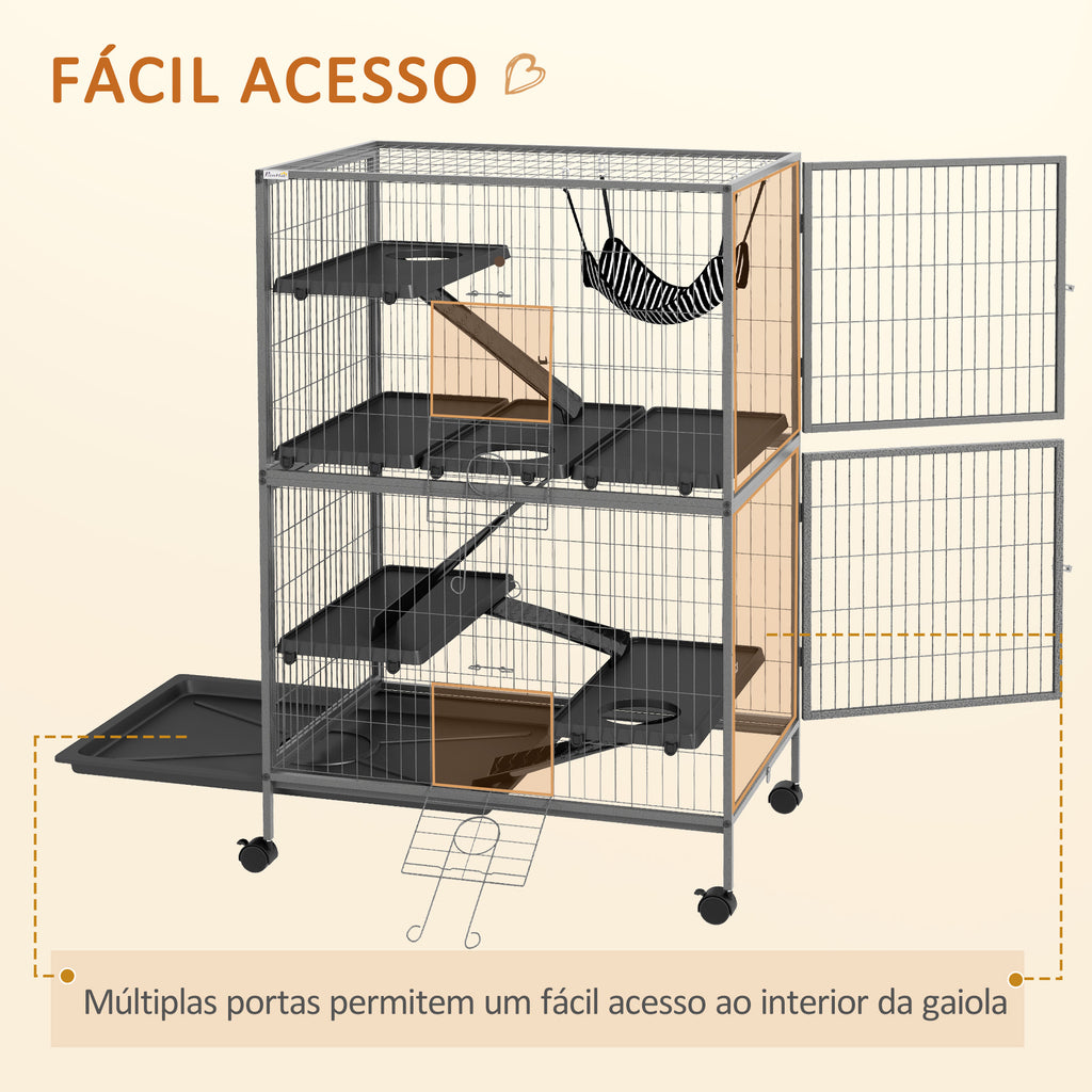 Gaiola para Roedores 80x52x128 cm Casa de 4 Alturas com Rampas Suspensa Rede Bandeja Removível Rodas Portas Cinza Prateado — foto 7