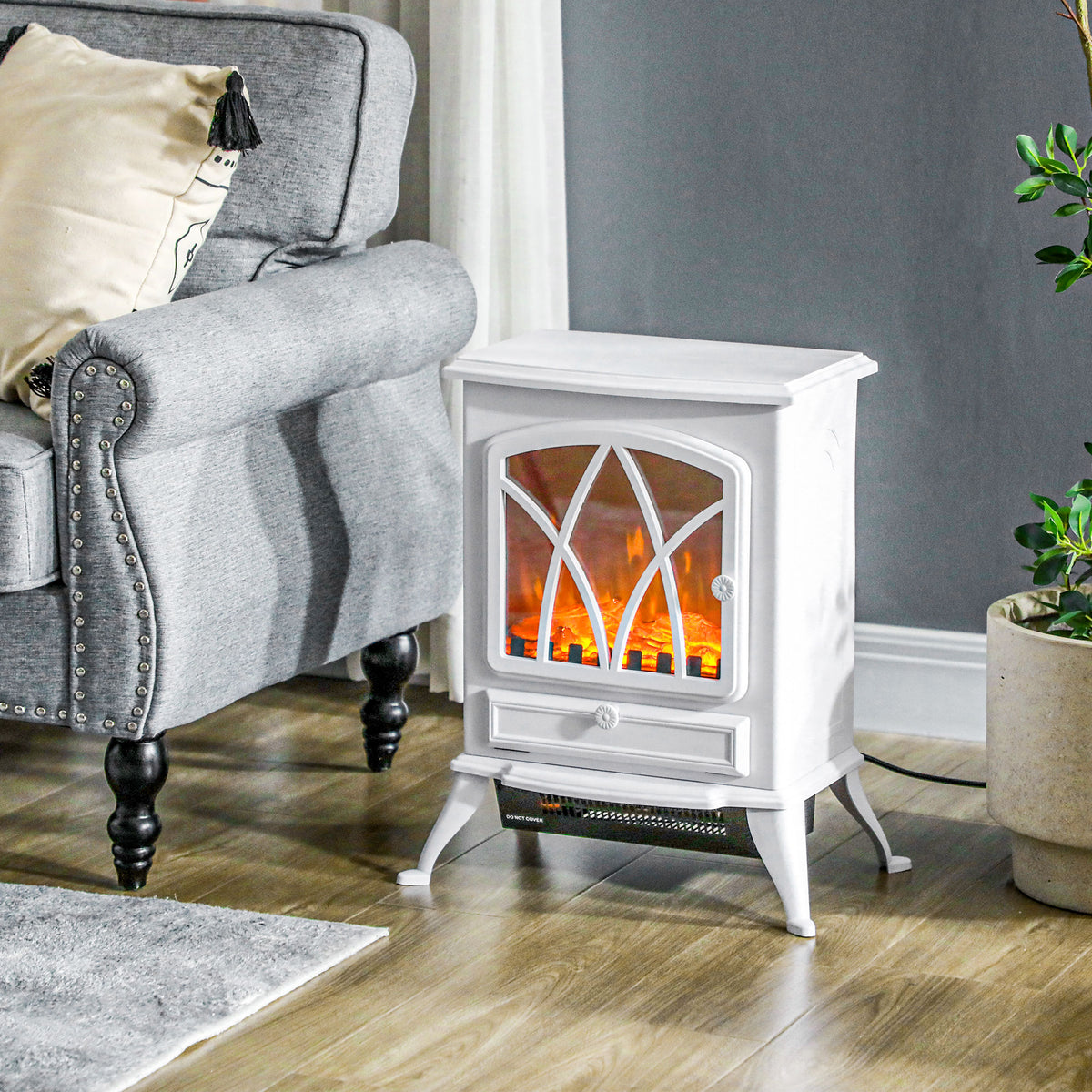 Lareira Elétrica Portátil Lareira Elétrica com Efeito de Chama Realista Potência 1000W/2000W 45x28,5x54 cm Branco — foto 2