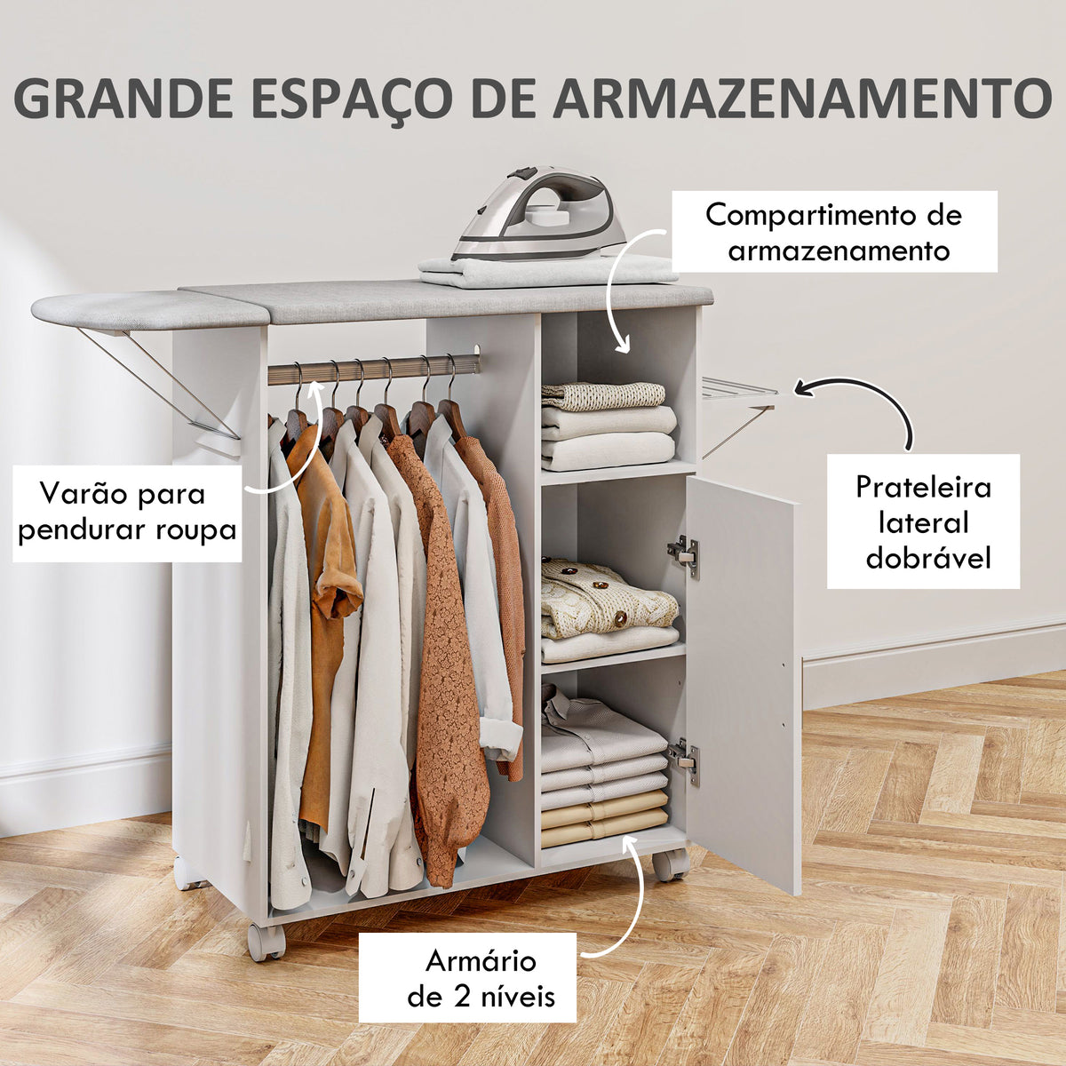 Móvel de Engomar de Madeira Móvel de Engomar com Rodas Barra para Pendurar Roupa Prateleira Aberta e Tábua Dobrável para Sala Quarto 107x42,5x99 cm Branco — foto 5