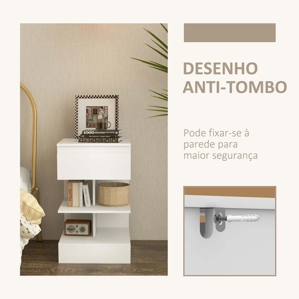 Mesa de Cabeceira Mesa Auxiliar com 1 Gaveta e 2 Prateleiras Abertas para Quarto Sala Cama Escritório Estilo Moderno 39x39x65 cm Branco — foto 6