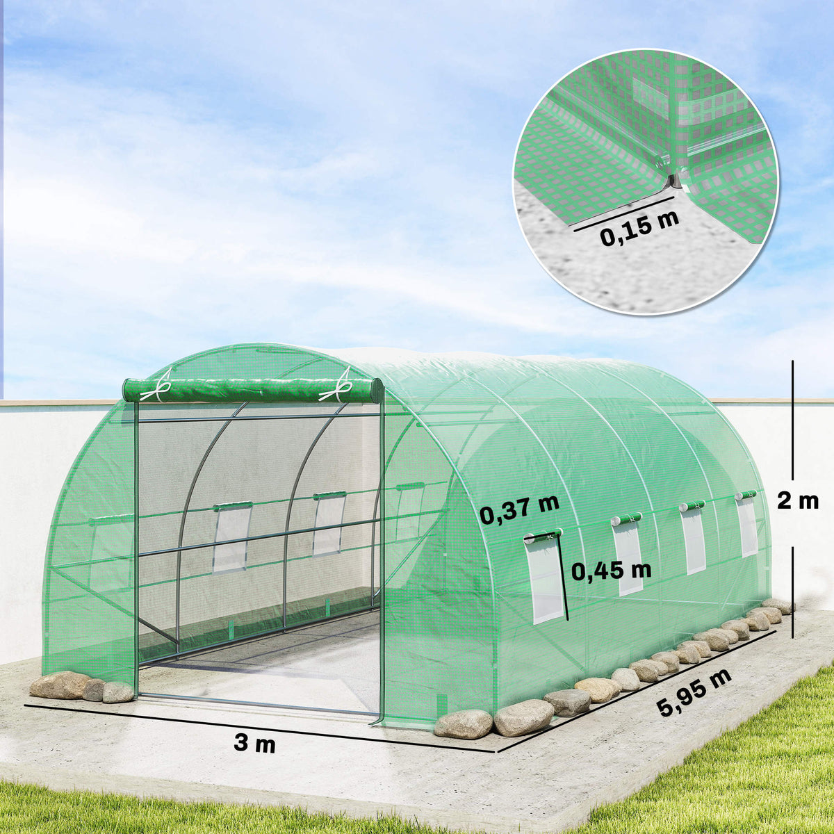 Estufa Tipo Túnel 600x300x200cm com Porta Enrolável 8 Janelas Cobertura de PE 140g/m² e Tubo de Aço para Cultivos de Plantas Verduras Verde — foto 3