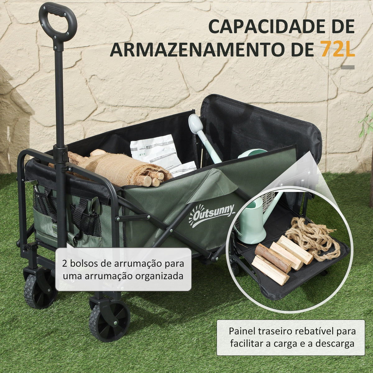 Carrinho de Transporte com Rodas Carrinho de Jardim Dobrável com Puxador Telescópico Ajustável Porta Traseira Expansível Carga 90 kg Carrinho de Praia 114x46x65-92 cm Verde — foto 4