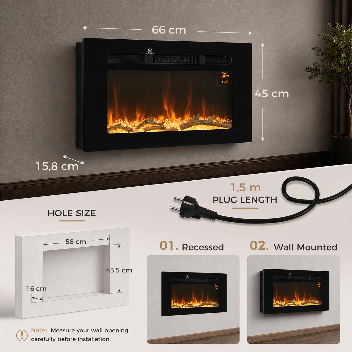 Lareira Elétrica 60 cm Embutida ou de Parede 1800 W Temporizador 24 Horas Chama Regulável Cristais — foto 2