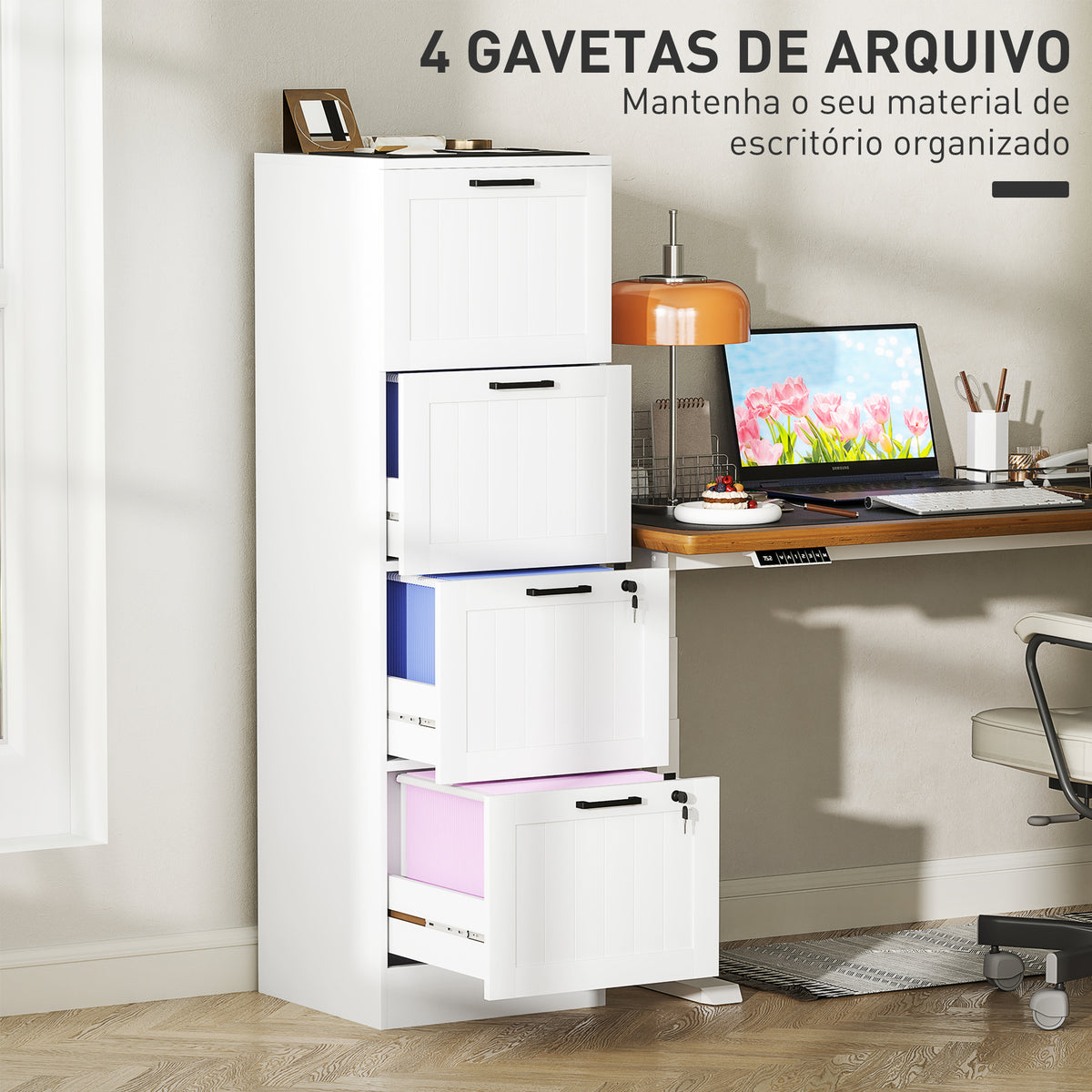 Bloco de Gavetas para Escritório Móvel Arquivador com 4 Gavetas para Escritório com Fechaduras Gavetas Suspensas para A4 40x40x131 cm Branco — foto 4