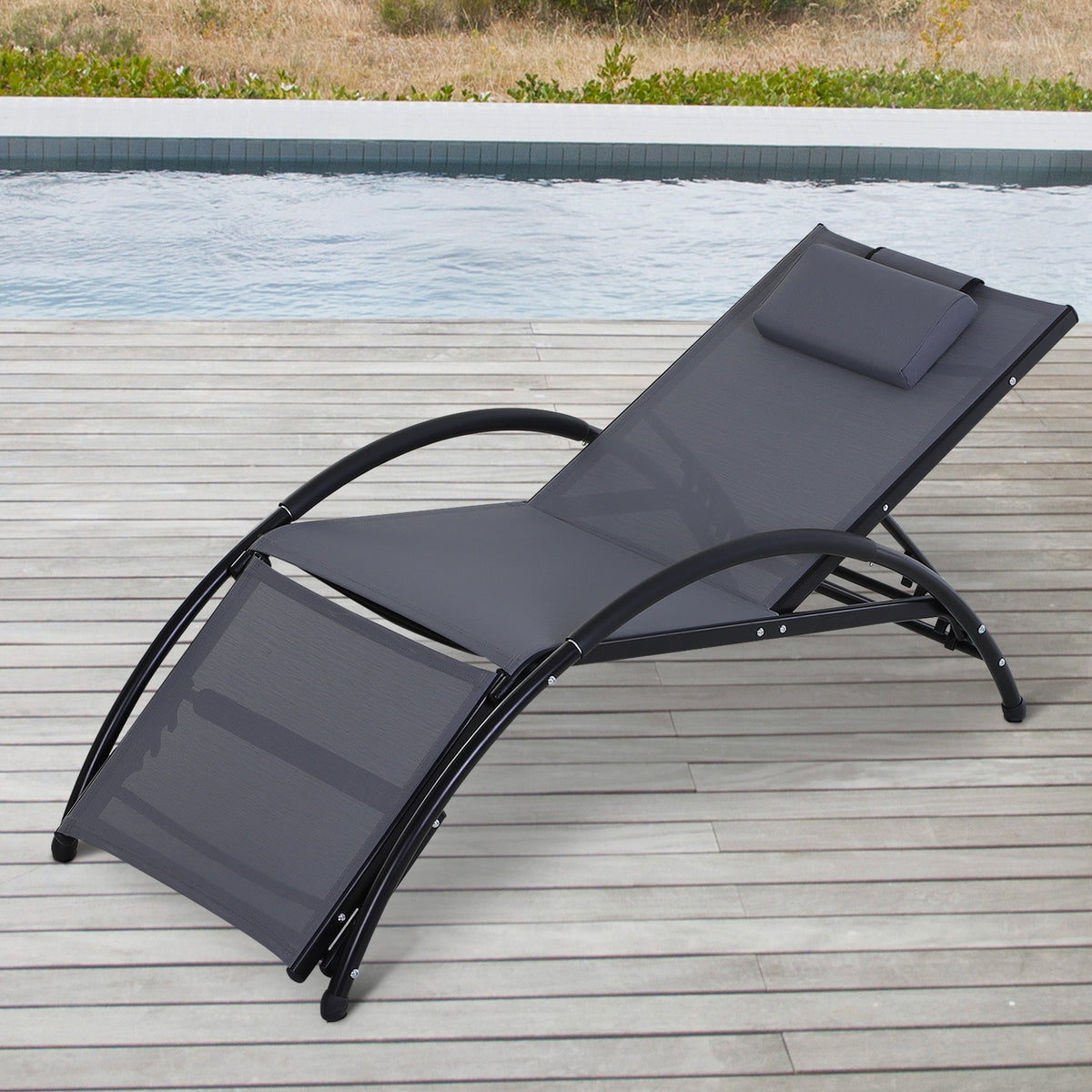 Espreguiçadeira de Jardim Reclinável com Encosto Ajustável de 5 Níveis Apoio para os Pés Regulável e Apoio para a Cabeça Removível para Terraço Balcão Exterior 66x152x81cm Cinza — foto 2