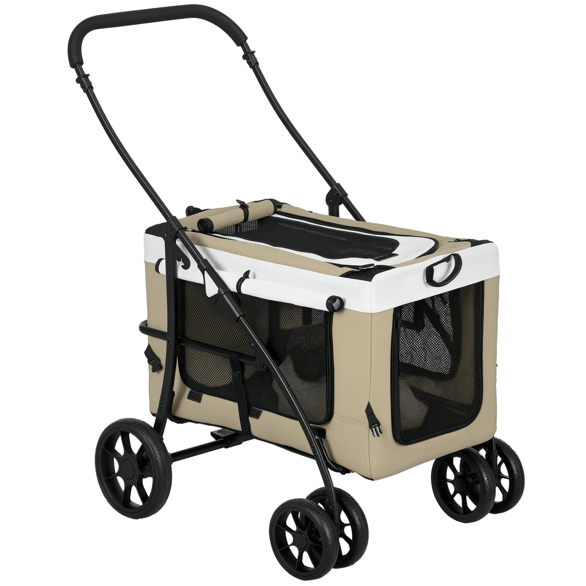 Carrinho para Animais de Estimação Carrinho para Cães Dobrável com Compartimento Desmontável 4 Portas com Fecho de Correr 2 Correias de Segurança e de Transporte 81x58x97,5 cm Cáqui — foto 1