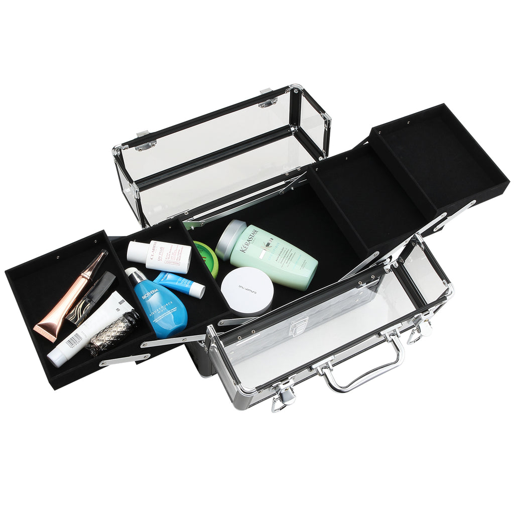Estojo de Maquilhagem Bijuteria Organizador Cosméticos Portátil Múltiplos Níveis com Pega e Bandejas Desdobráveis Liga de Alumínio 30x18,5x22 cm Transparente e Preto — foto 8