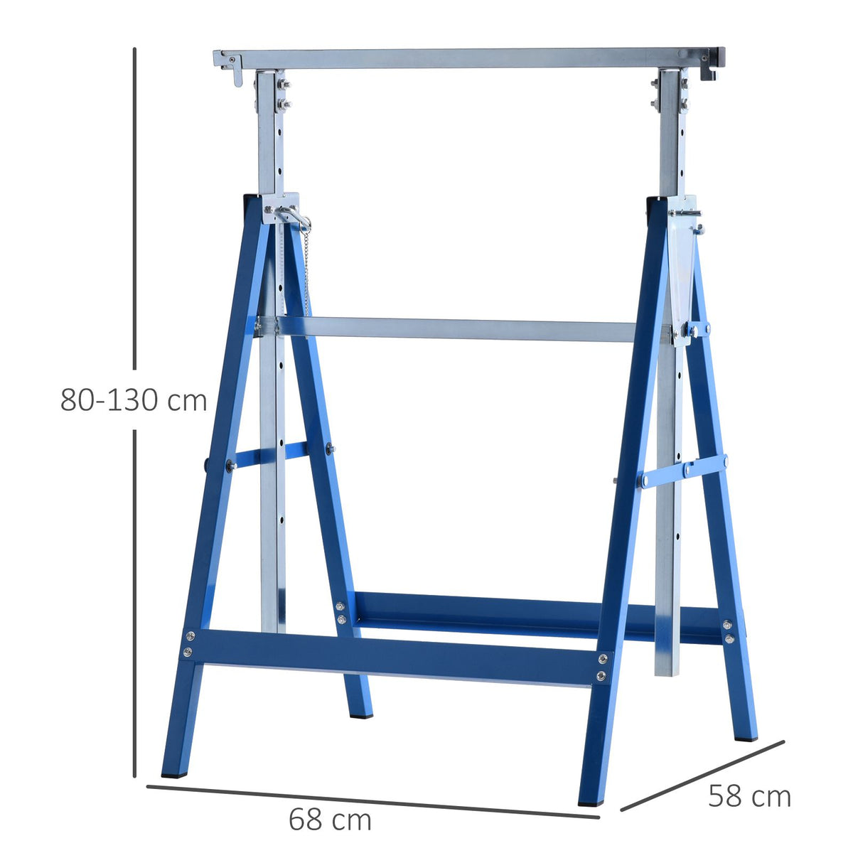 Conjunto de 2 Cavaletes Telescópicos Dobráveis com Altura Ajustável Cavaletes de Serra de Aço para Mesa de Trabalho Carga 200kg 68x58x80-130cm Azul e Prata — foto 3