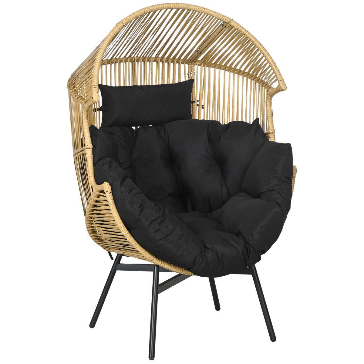 Poltrona de Vime Sintético Poltrona de Jardim em Forma de Ovo com Apoio de Cabeça Almofada e Estrutura de Aço para Terraço Pátio 89x75x143 cm Areia e Preto — foto 1