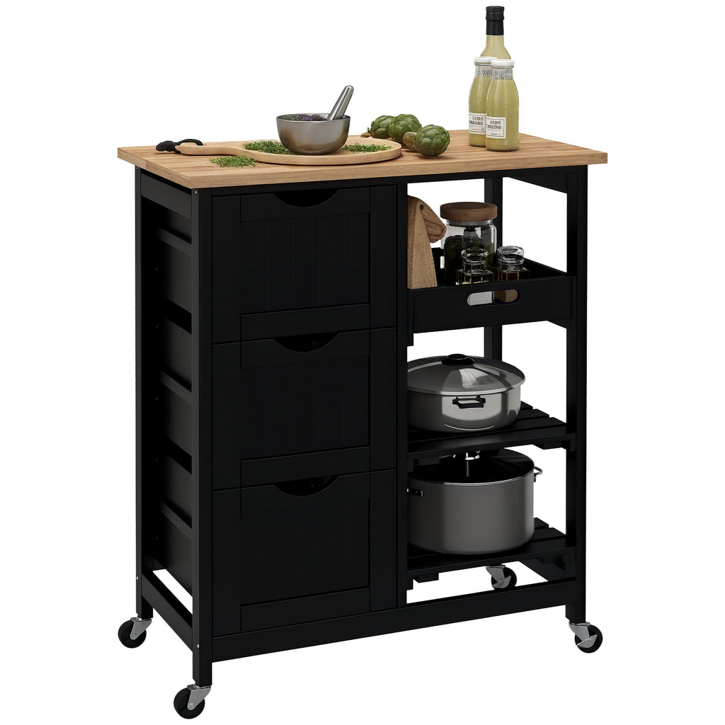 Carrinho de Cozinha com Rodas Carrinho de Serviço Multiuso com 3 Gavetas 2 Prateleiras Abertas e Bandeja para Sala de Jantar Sala de Estar 67x37x85,5 cm Preto — foto 1