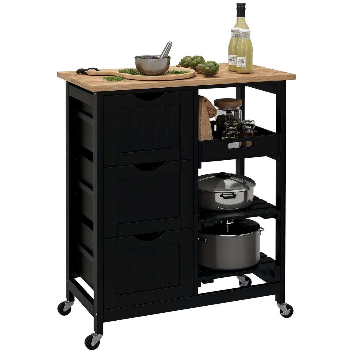 Carrinho de Cozinha com Rodas Carrinho de Serviço Multiuso com 3 Gavetas 2 Prateleiras Abertas e Bandeja para Sala de Jantar Sala de Estar 67x37x85,5 cm Preto — foto 1
