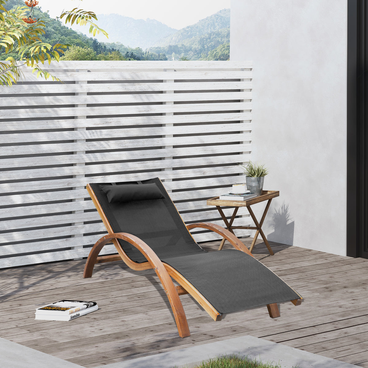 Espreguiçadeira Ergonómica Espreguiçadeira com Apoio para a Cabeça Removível para Jardim Pátio Terraço Piscina 165x72x86cm Preto e Madeira — foto 2