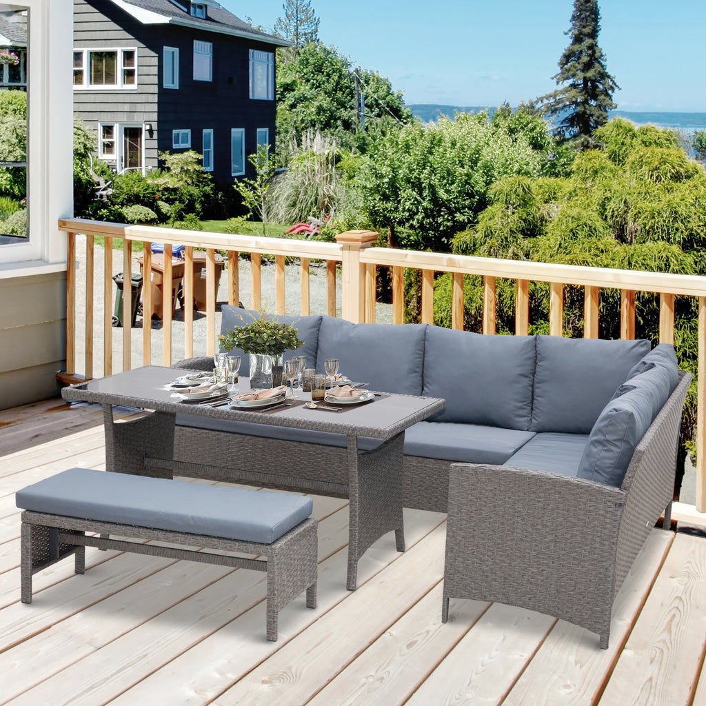 Conjunto de 4 Peças de Móveis e Vime com Almofadas Acolchoadas para Jardim Balcão Conjunto de Móveis de Exterior com 2 Sofás 1 Banco e 1 Mesa de Vidro Temperado Cinza — foto 2