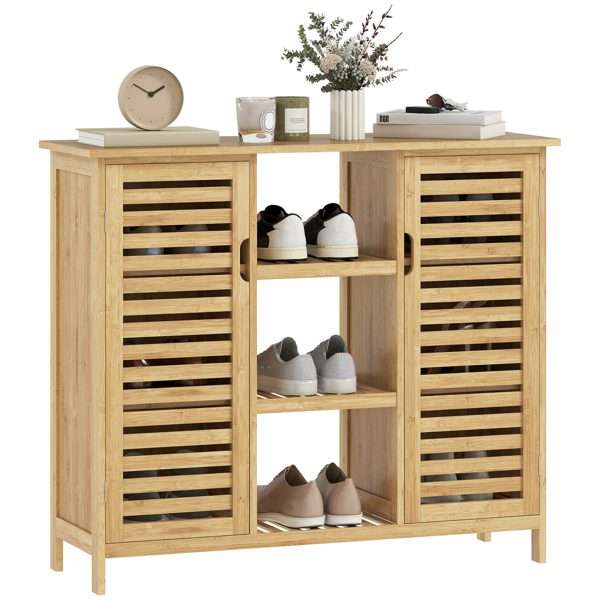 Sapateira com 2 Portas de Bambu em Ripas Sapateira para Entrada com Prateleiras e Compartimentos Abertos para 9 Pares de Sapatos 100x33x86 cm Madeira — foto 1