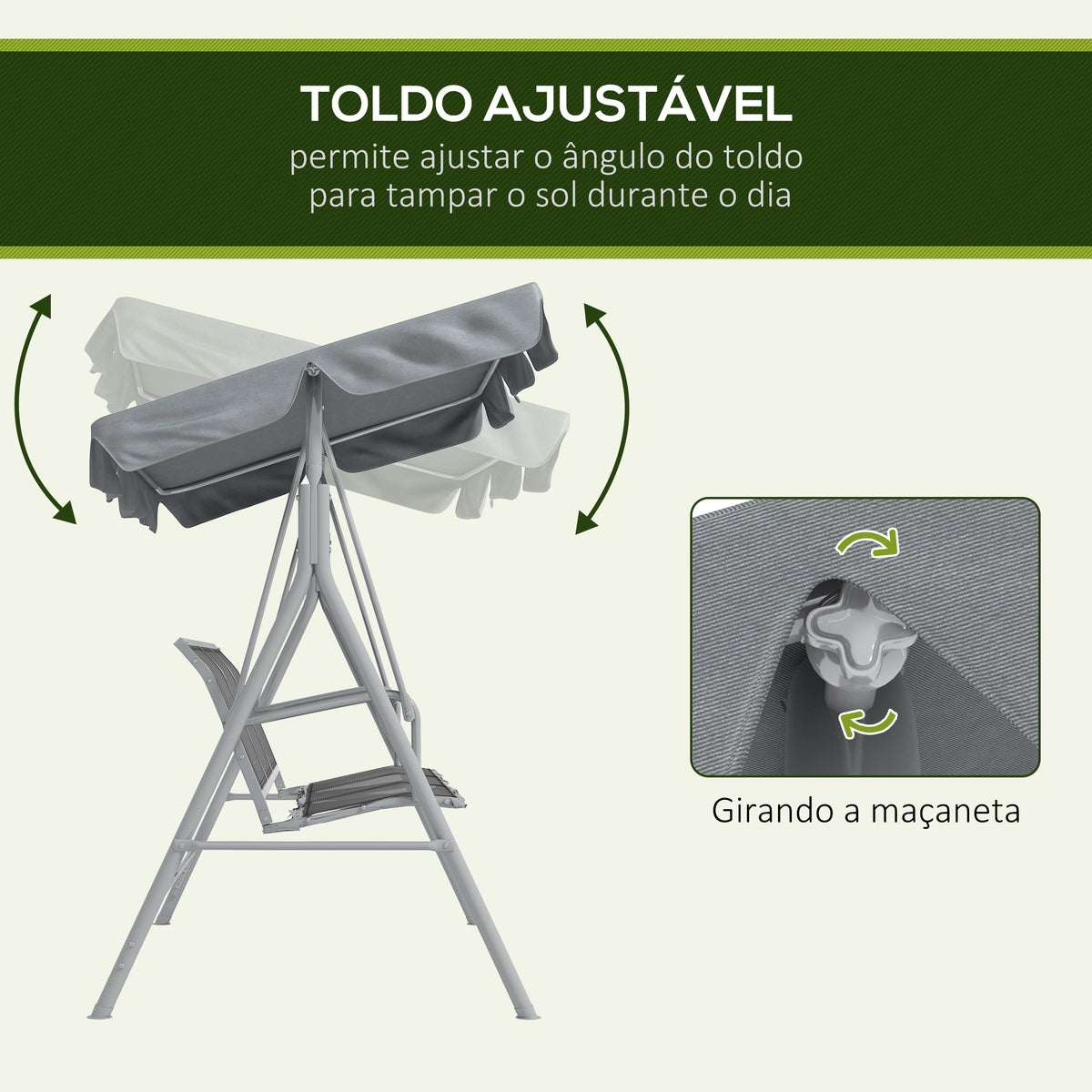 Baloiço Jardim de 3 Lugares com Toldo Ajustável Encosto Respirável e Estrutura de Metal para Terraço Balcão Exterior Carga 240kg 171x108x154cm Cinza — foto 4