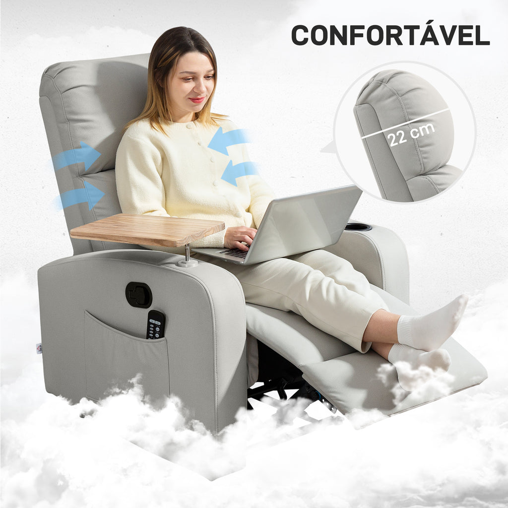 Poltrona de Massagem Poltrona Relax Elétrica com 4 Modos de Vibração Reclinação 145° Estofada em Microfibra Controlo Remoto Mesa 2 Bolsos Laterais e Suporte para Copos 77x93x105 cm Cinza — foto 7
