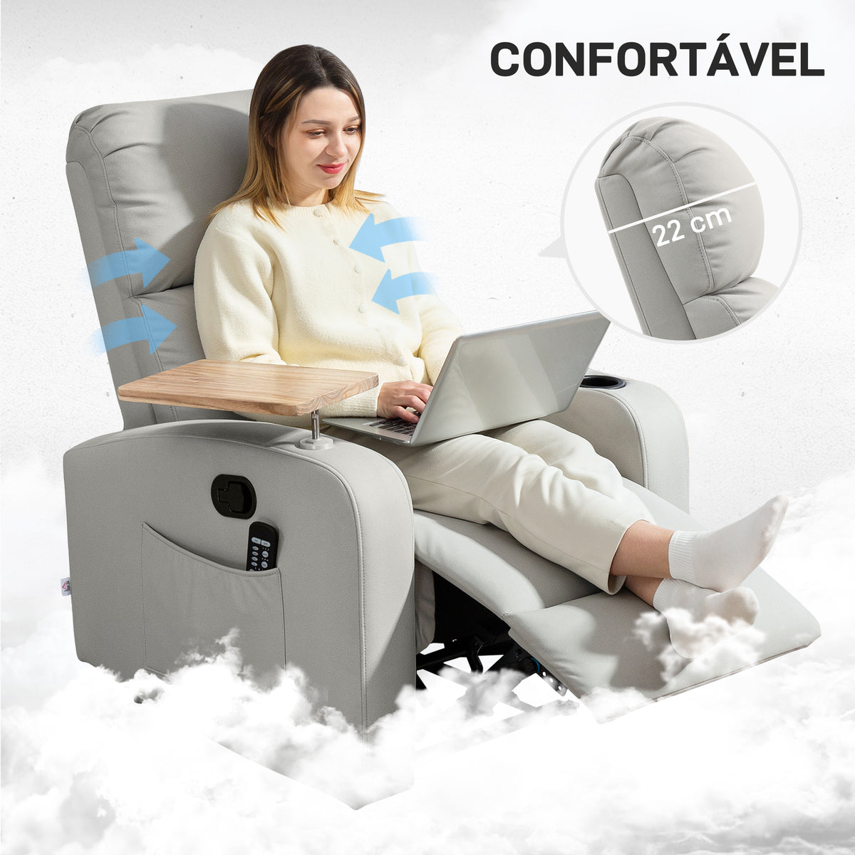 Poltrona de Massagem Poltrona Relax Elétrica com 4 Modos de Vibração Reclinação 145° Estofada em Microfibra Controlo Remoto Mesa 2 Bolsos Laterais e Suporte para Copos 77x93x105 cm Cinza — foto 7