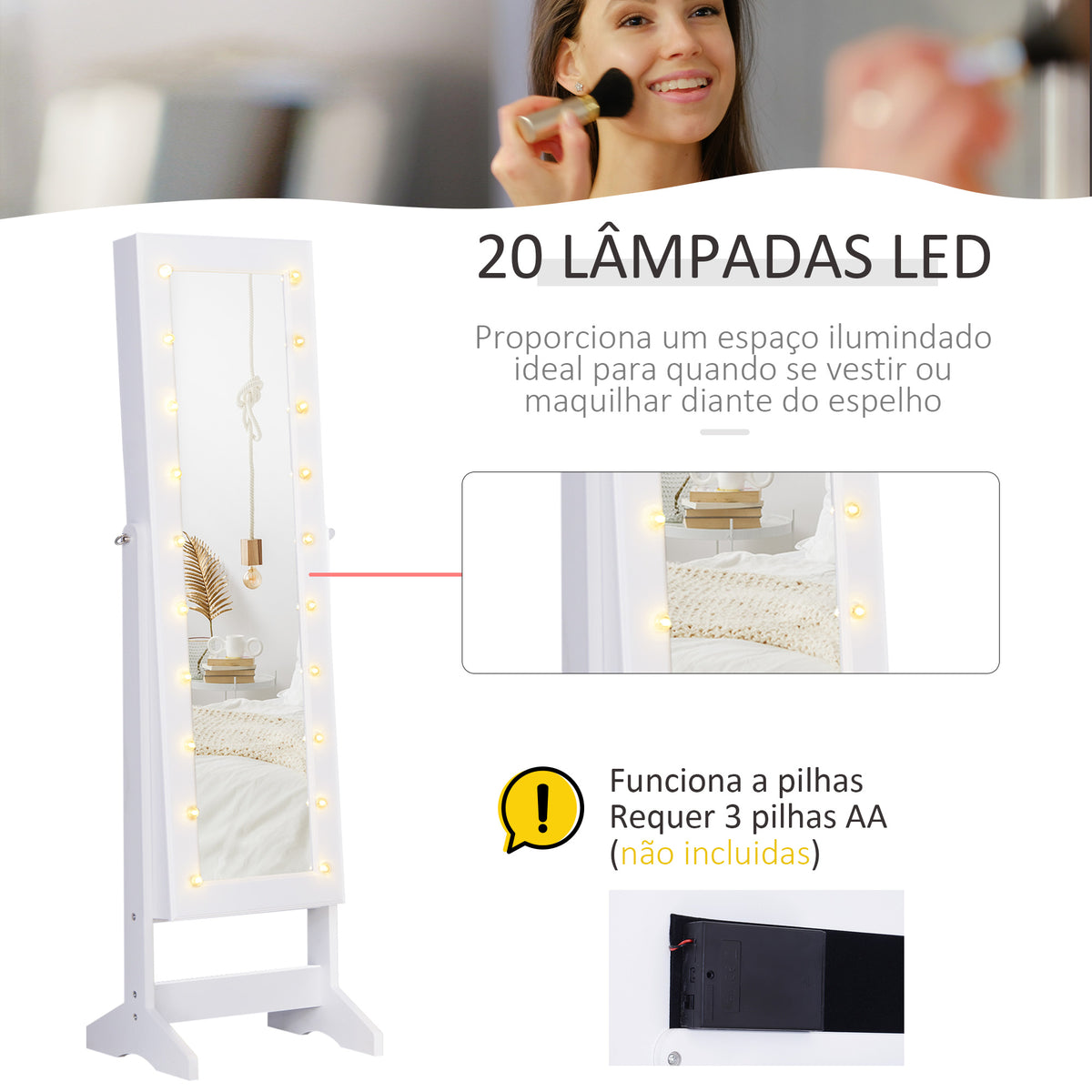 Armário para Joias 20 Luzes de LED Reclinável Fechadura Madeira 40x37x146cm Branco — foto 5