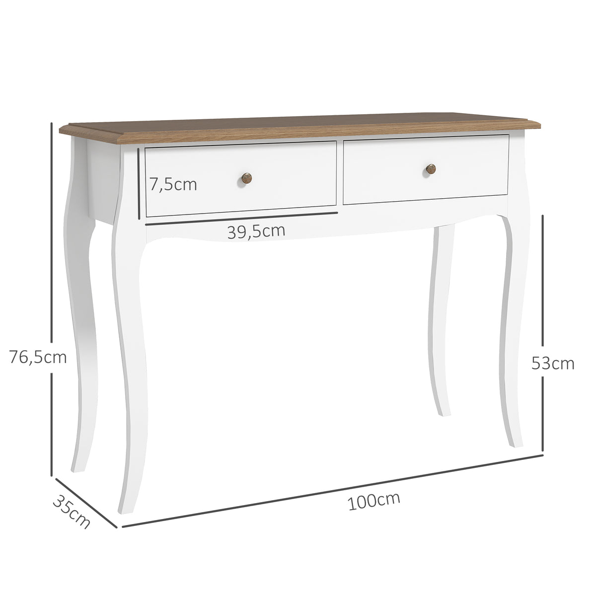 Mesa Consola Consola de Entrada com 2 Gavetas Estilo Francês para Corredor Dormitório Sala de Estar 100x35x76,5 cm Branco e Marrom Escuro — foto 3