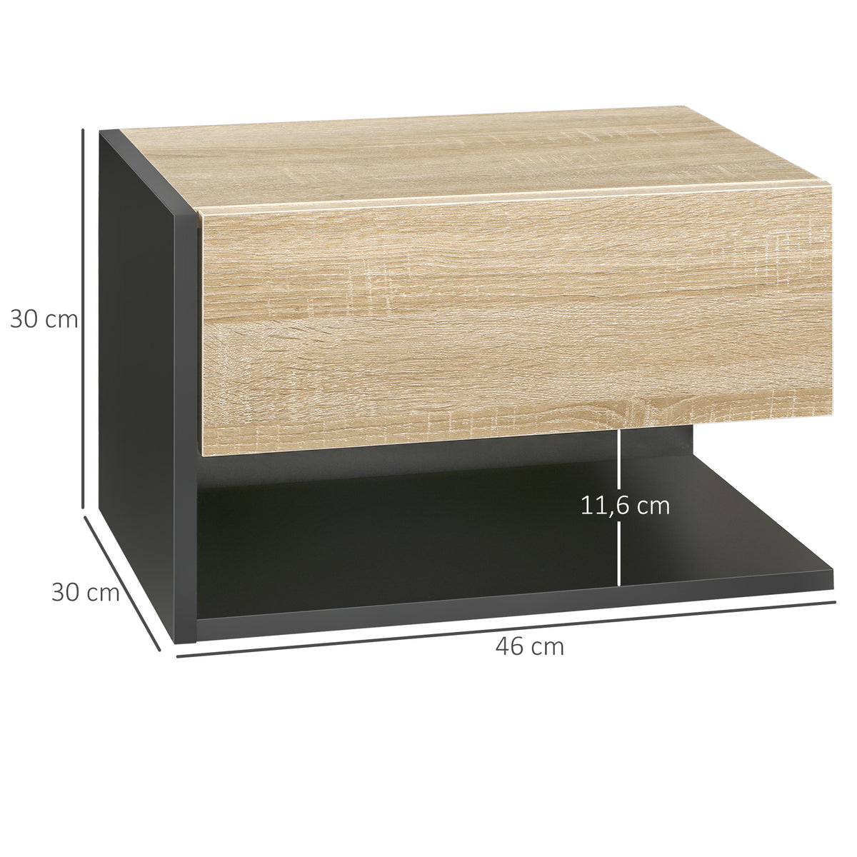 Conjunto de 2 Mesas de Cabeceira Flutuantes Mesas de Cabeceira Suspensas com 1 Gaveta e Prateleira Aberta para Dormitório 46x30x30 cm Carvalho e Preto — foto 3