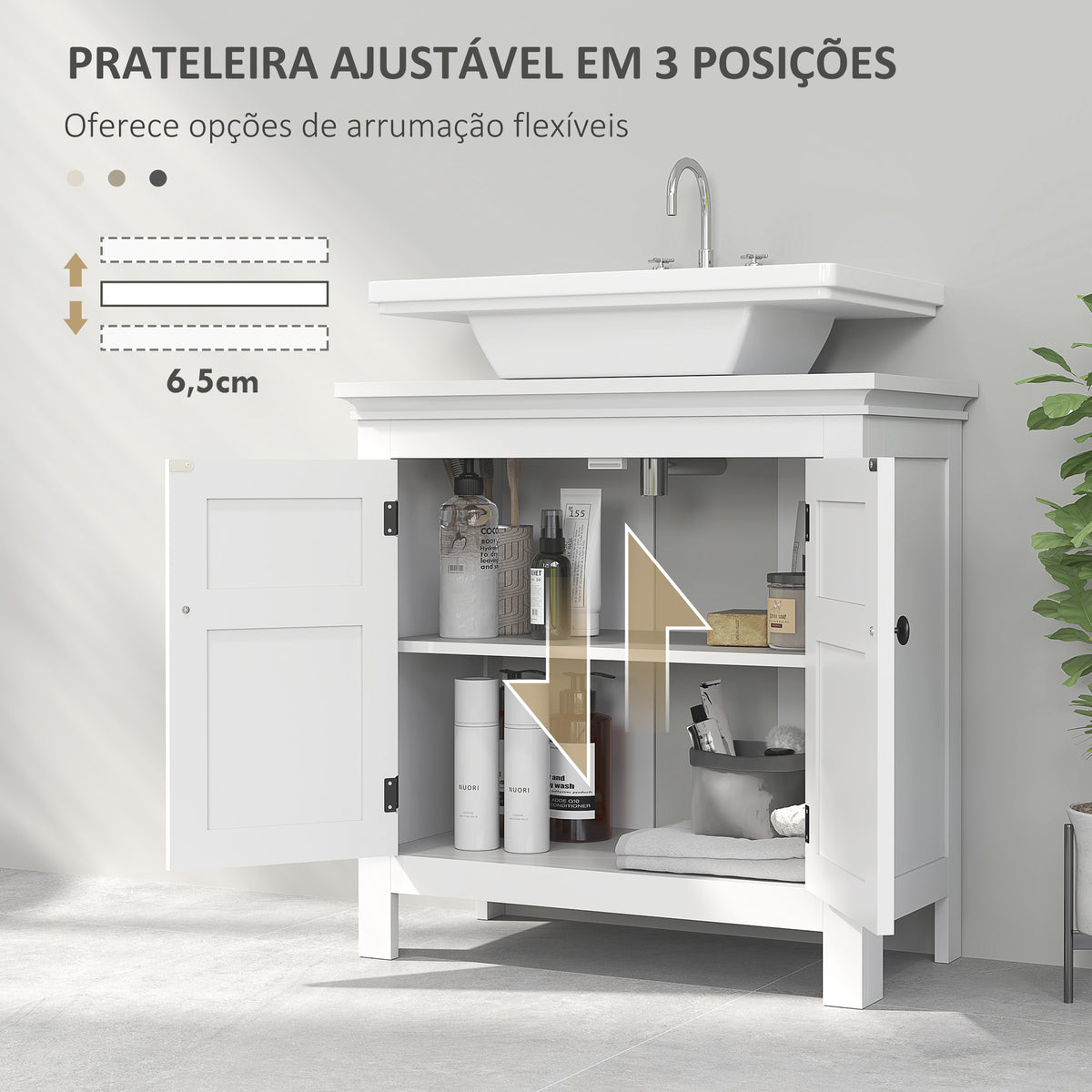Móvel para Lavatório Pousar Móvel para Lavatório Moderno com Prateleira Ajustável e Portas Magnéticas 60x30x60 cm Branco — foto 5