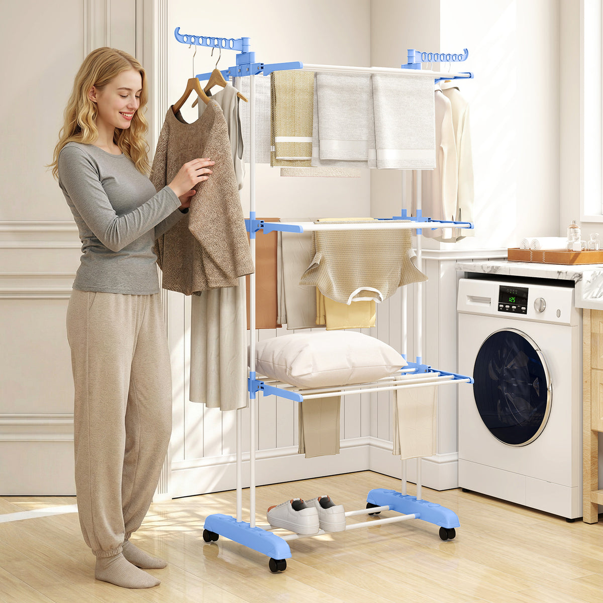 Estendal Dobrável para Roupa com Rodas Estendal Vertical de Aço com 3 Níveis Laterais Dobráveis Carga Máxima 70kg 73x64x177cm Azul e Branco — foto 2