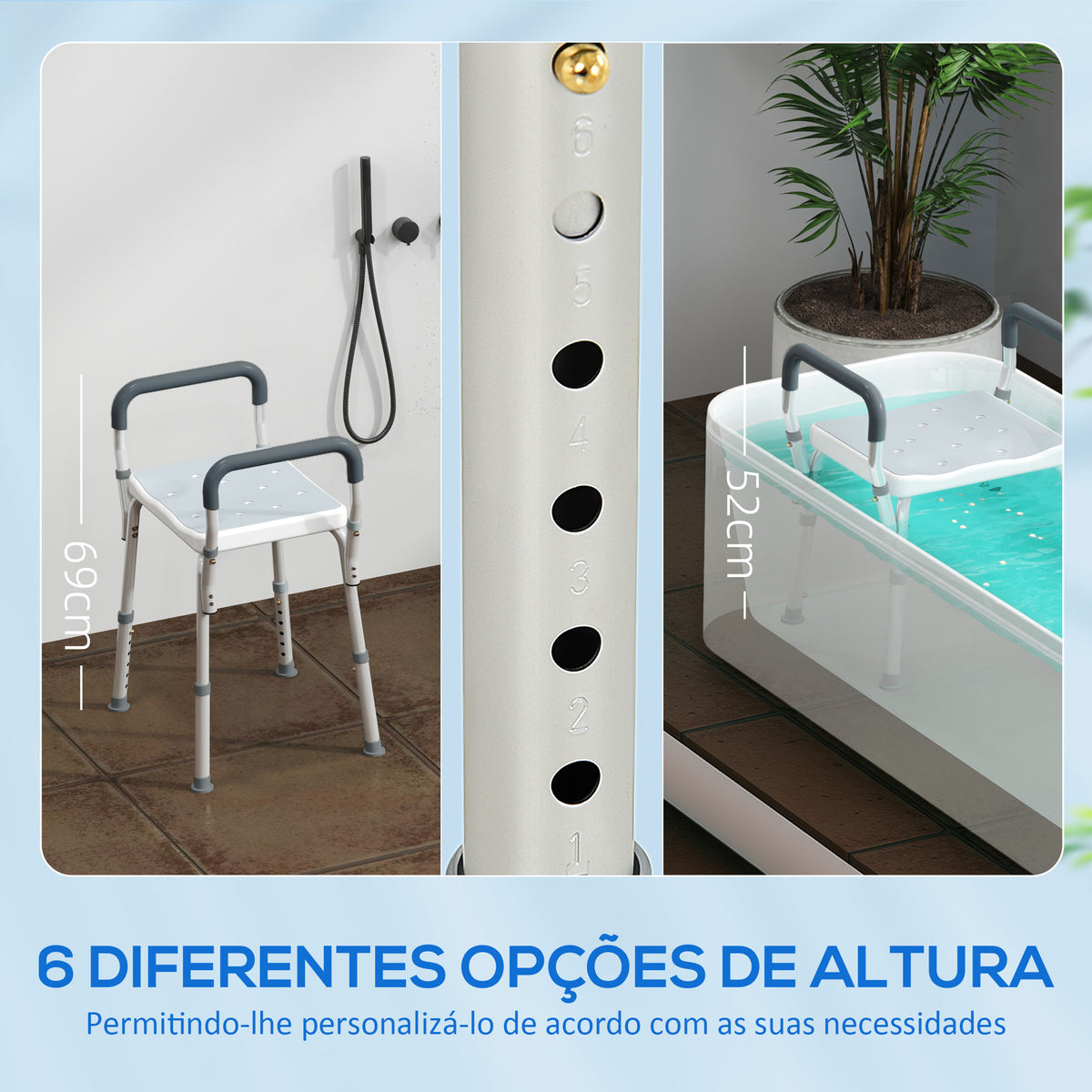 Banco de Duche Cadeira de Duche para Pessoas Idosas com Altura Ajustável Cadeira de Duche de Alumínio Antiderrapante Carga 150 kg para Idosos e Descapacitados 52x45x57-69 cm Azul — foto 4