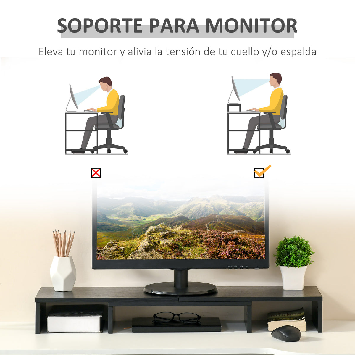 Suporte Elevado para Monitores de Madeira Ajustável em Comprimento e Ângulo para 2 Monitores Notebook 80-117x23,5x10cm Preto — foto 5