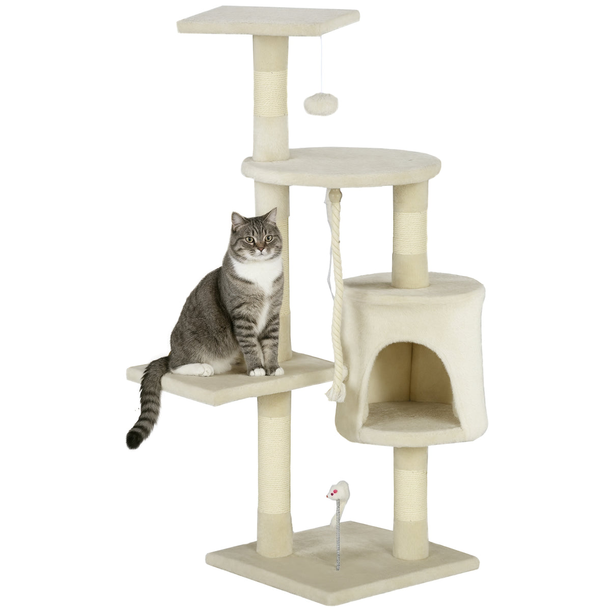 Árvore Arranhador para Gatos 112 cm com 4 Níveis Poste de Sisal Caverna Espaçosa Múltiplas Plataformas e Brinquedos Divertidos 75x40x112 cm Bege — foto 1