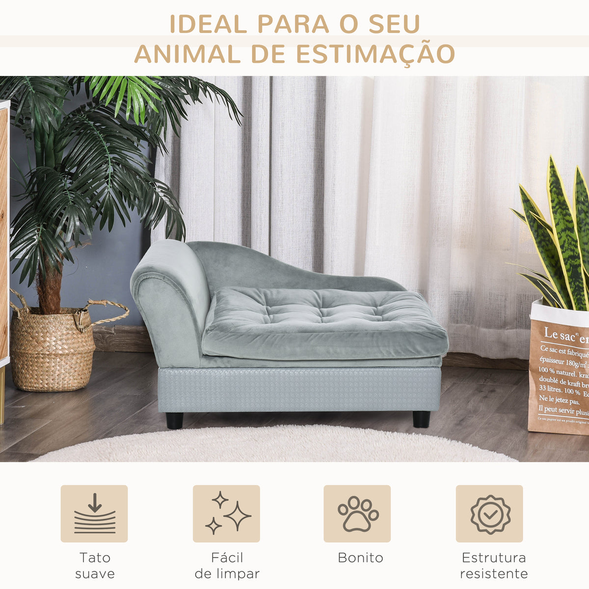 Sofá para Cães Pequenos Sofá para Gatos Estofado em Veludo com Arrumação Oculta e Almofada Lavável Carga 10 kg 76x45x43 cm Cinzento Claro — foto 8