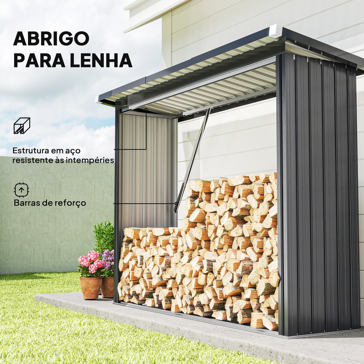 Abrigo para Lenha de Aço Galvanizado Abrigo para Lenha de Exterior Armazenamento de Troncos com Base Elevada e Teto Inclinado 213x66,5x150 cm Cinzento Escuro — foto 4