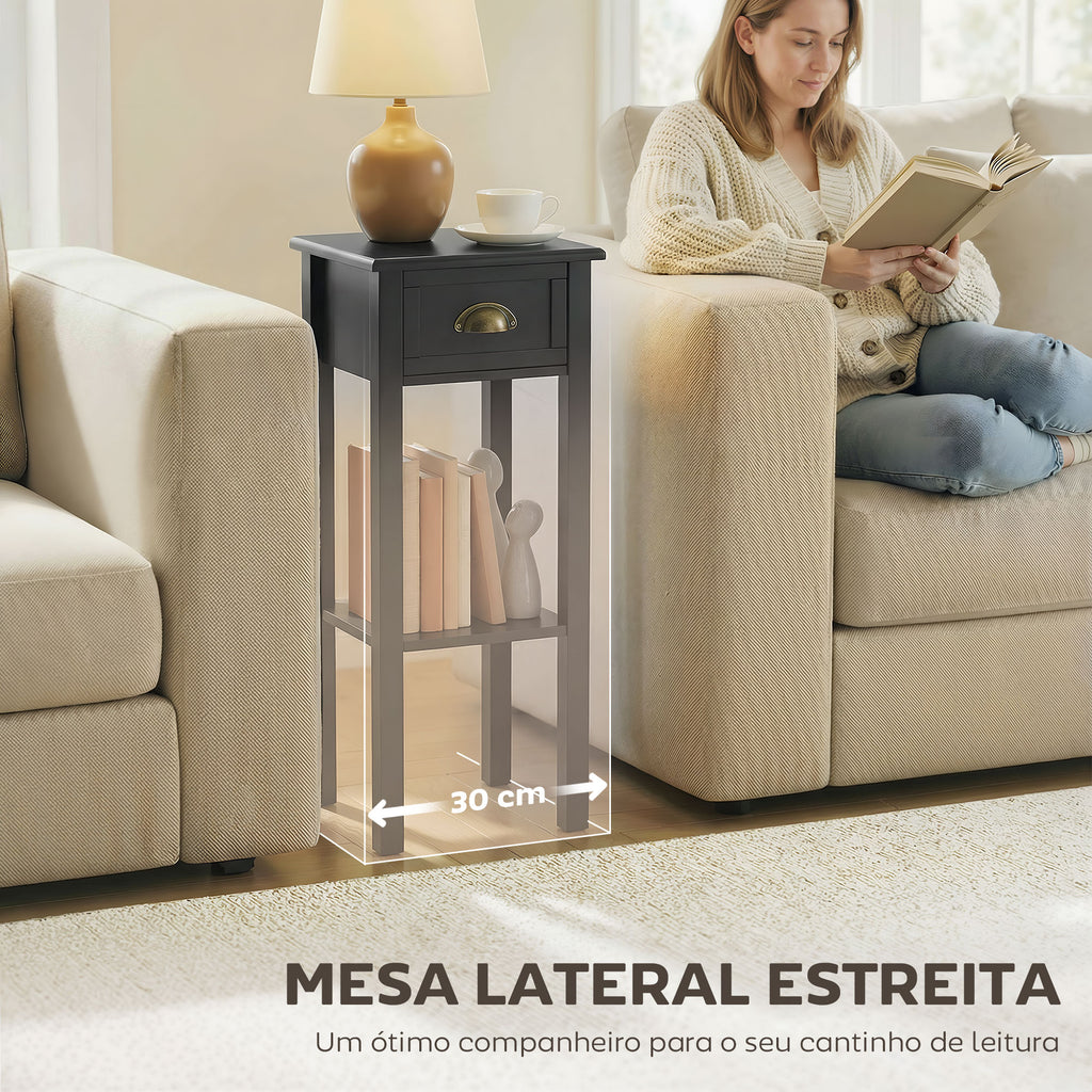 Mesa Auxiliar Mesa de Cabeceira com Gaveta e Prateleira de Armazenamento Estilo Moderno para Sala de Estar Dormitório 30x30x75 cm Preto — foto 5