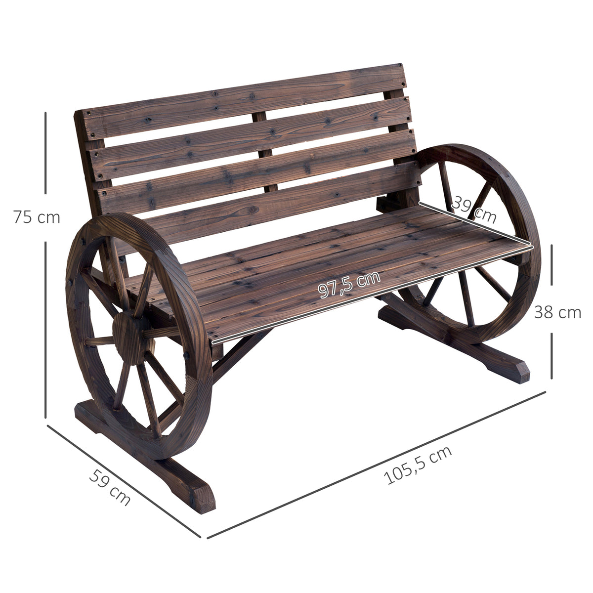 Banco de Jardim de Madeira, Banco de Exterior com Apoios de Braço em Forma de Roda, Estilo Rústico, Suporta 250 kg, de 2 Lugares, para Pátio, Terraço, 105,5x59x75 cm, Envelhecido — foto 3