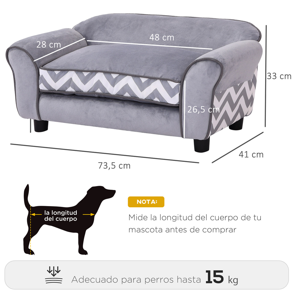 Sofá para animais de estimação com pernas Cama de cachorro de madeira com almofada acolchoada aconchegante e capa lavável 73,5x41x33 cm cinza — foto 3