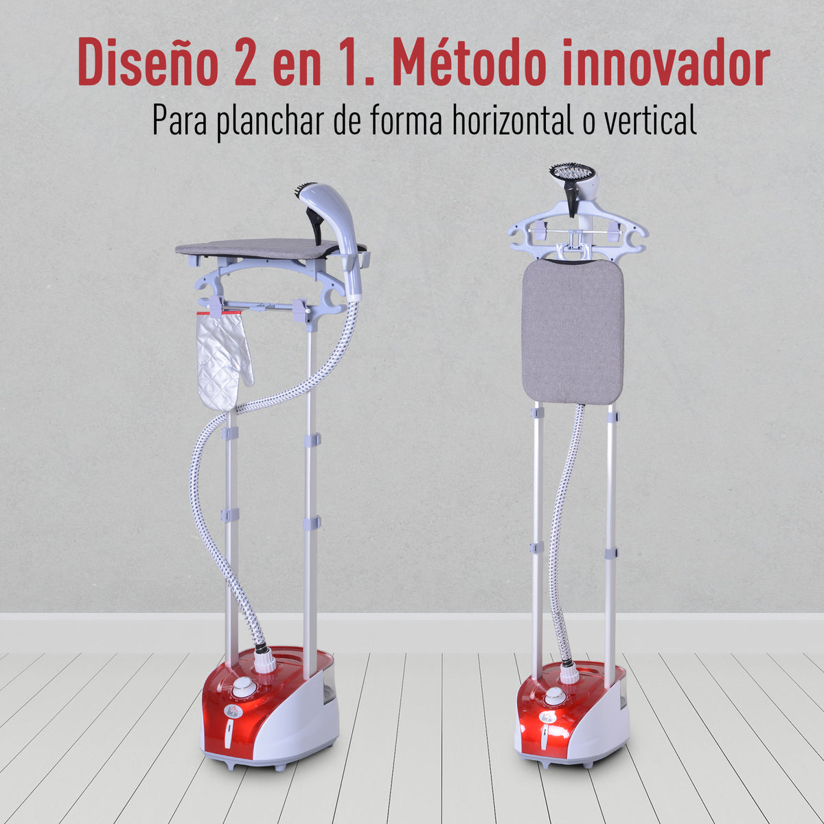 Ferro de Engomar a Vapor para Roupa 1800W Temperatura Ajustável em 11 Níveis Ferro de Engomar Vertical com Barra Dupla Depósito de 2 L Aquecimento em 38s 35x25x47-118,5 cm Vermelho — foto 4