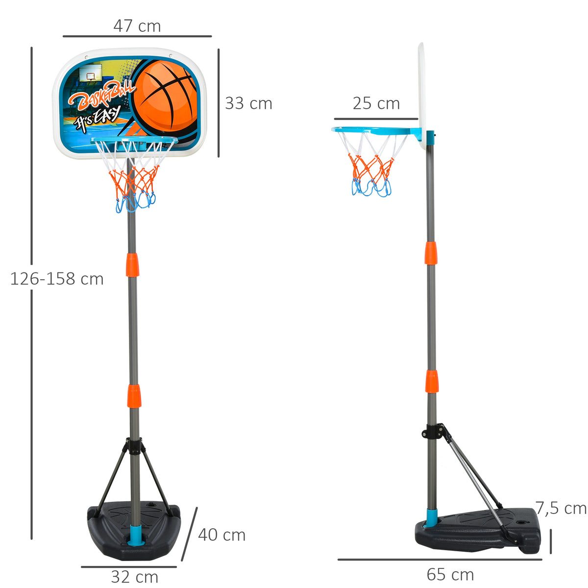 Tabela de Basquetebol para Crianças Tabela de Basquetebol com Suporte Altura Ajustável e Base Preenchida para Interior e Exterior 32x65x126-158 cm Multicor — foto 3